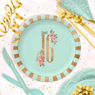 Gold Foil Stripes Sweet Sixteen Mint Green ID756 Paper Plates