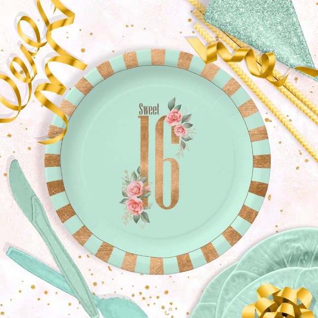 Gold Foil Stripes Sweet Sixteen Mint Green ID756 Paper Plates (Creator Uploaded)