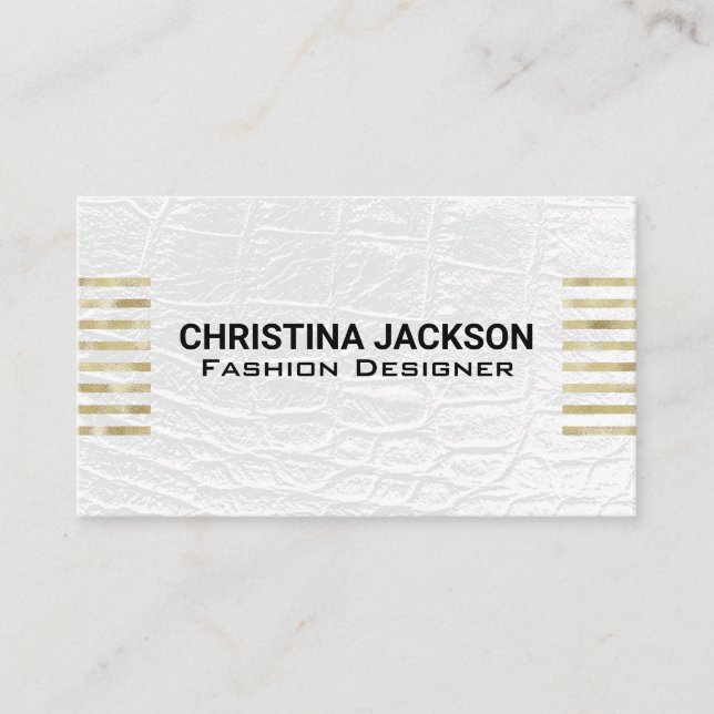 Gold Foil Stripes | White Leather  Business Card (Front)