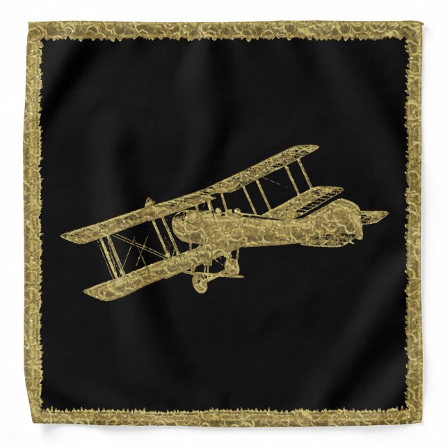 Gold Foil Style Vintage Airplane Golden Black Bandana (Front)