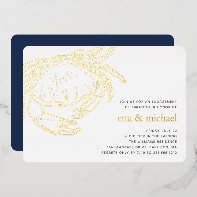 Gold Foil Summer Crab Feast Party Foil Invitation (Front/Back)