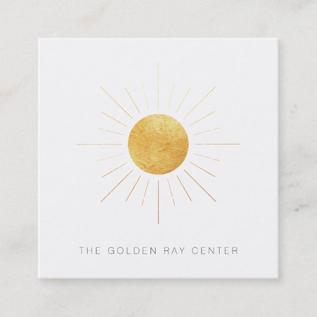 ~ Gold Foil Sun and Golden Rays Spiritual Center Square Business Card (Front)