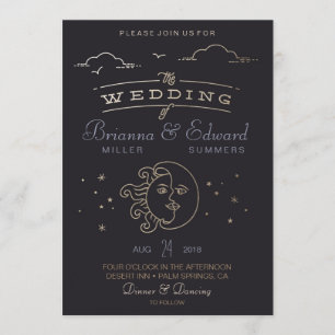 Gold foil Sun and Moon Wedding Invitation