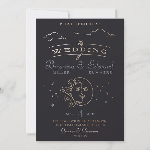 Gold foil Sun and Moon Wedding Invitation