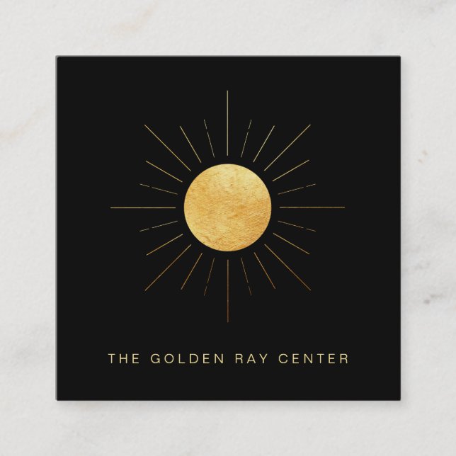 *~* Gold Foil Sun Golden Rays Healing Yoga Center Square Business Card (Front)