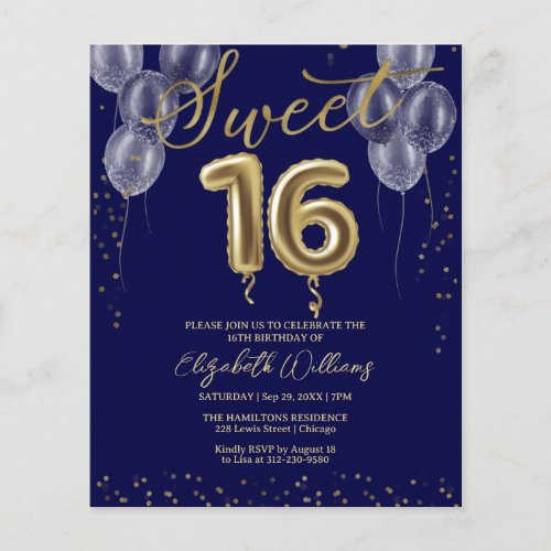 Gold Foil Sweet 16 Balloons Budget Invitations