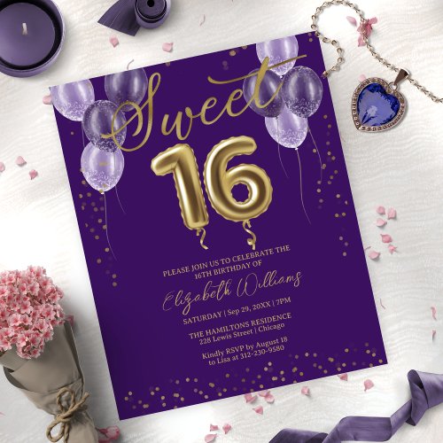 Gold Foil Sweet 16 Balloons Budget Invitations