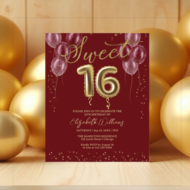 Gold Foil Sweet 16 Balloons Budget Invitations (Creator Uploaded)