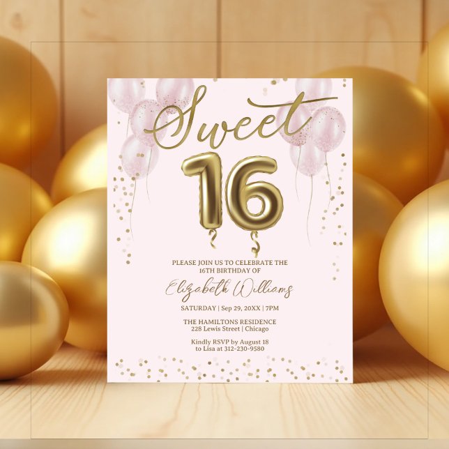Gold Foil Sweet 16 Balloons Budget Invitations (Creator Uploaded)