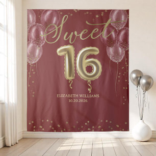 Gold Foil Sweet 16 Balloons Burgundy Backdrop