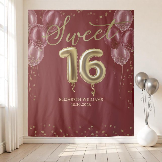 Gold Foil Sweet 16 Balloons Burgundy Backdrop (Creator Uploaded)