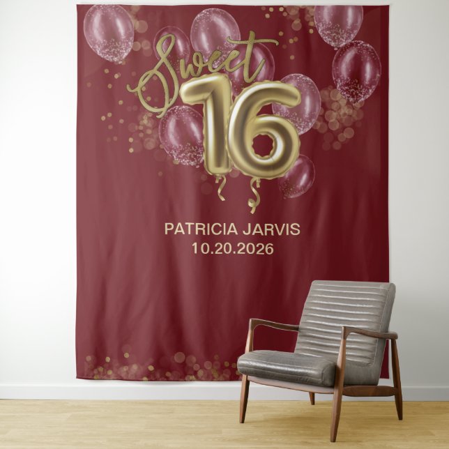 Gold Foil Sweet 16 Balloons Burgundy Backdrops (In Situ)