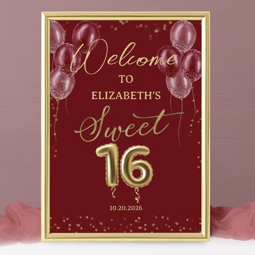 Gold Foil Sweet 16 Balloons Burgundy Welcome Sign 