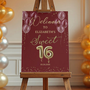 Gold Foil Sweet 16 Balloons Burgundy Welcome Sign