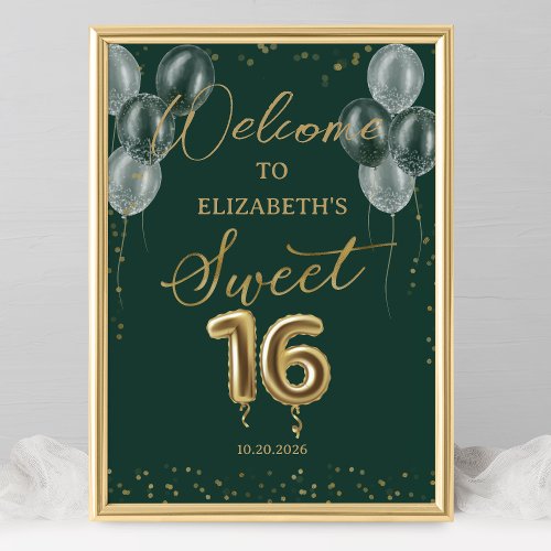 Gold Foil Sweet 16 Balloons Green Welcome Sign