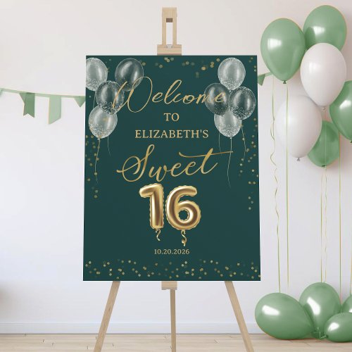 Gold Foil Sweet 16 Balloons Green Welcome Sign