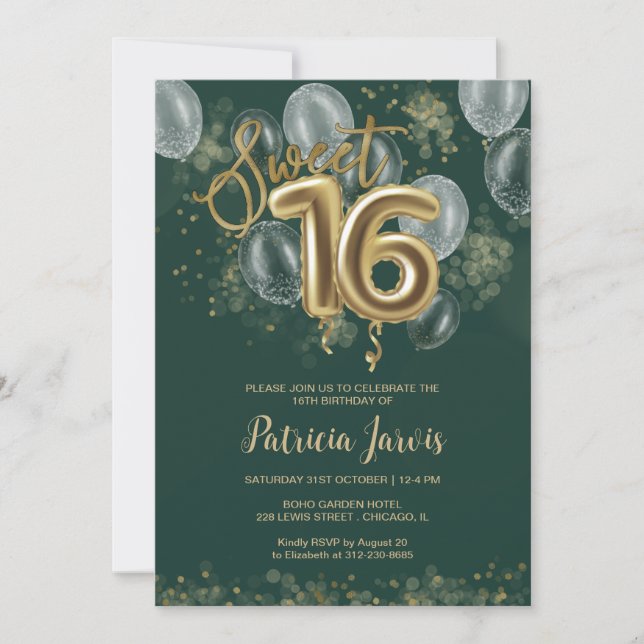 Gold Foil Sweet 16 Balloons Party Emerald Green Invitation (Front)