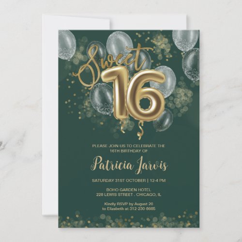 Gold Foil Sweet 16 Balloons Party Emerald Green Invitation