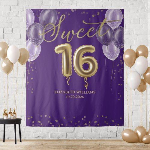 Gold Foil Sweet 16 Balloons Party Purple Backdrop