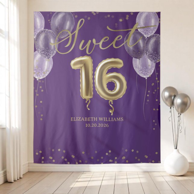 Gold Foil Sweet 16 Balloons Party Purple Backdrop (Creator Uploaded)