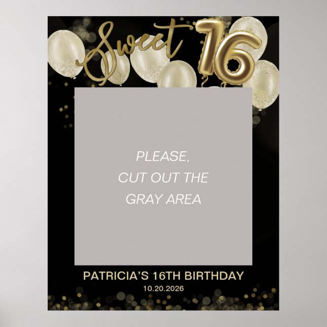 Gold Foil Sweet 16 Balloons Photo Prop Black Poster (Front)
