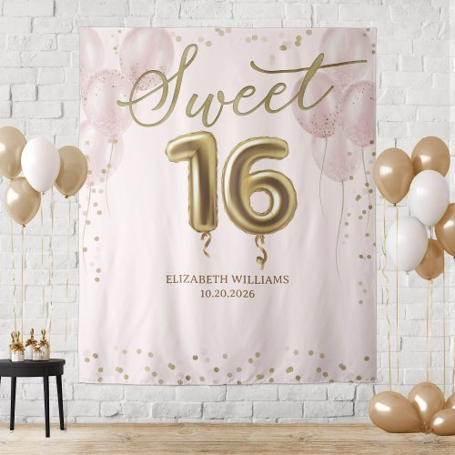 Gold Foil Sweet 16 Balloons Pink Backdrop