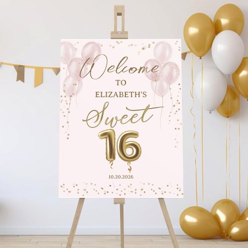 Gold Foil Sweet 16 Balloons Pink Welcome Sign