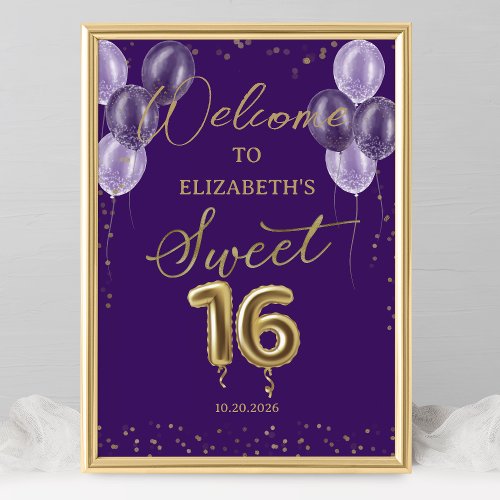 Gold Foil Sweet 16 Balloons Purple Welcome Sign 