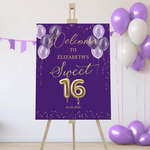 Gold Foil Sweet 16 Balloons Purple Welcome Sign