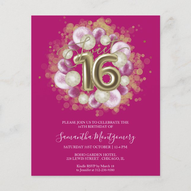 Gold Foil Sweet 16 Bday Balloons Budget Invitation (Front)