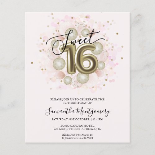 Gold Foil Sweet 16 Bday Balloons Budget Invitation