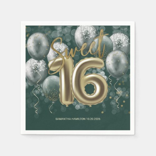 Gold Foil Sweet 16 Bday Balloons Emerald Green Napkins