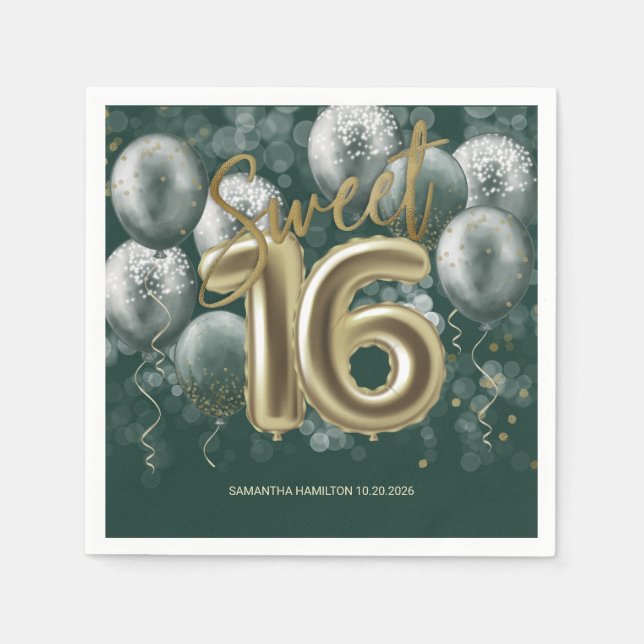Gold Foil Sweet 16 Bday Balloons Emerald Green Napkins (Front)
