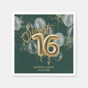 Gold Foil Sweet 16 Bday Balloons Emerald Green Napkins