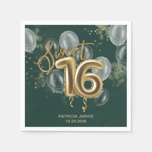 Gold Foil Sweet 16 Bday Balloons Emerald Green Napkins