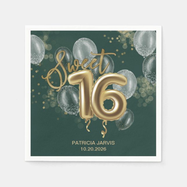 Gold Foil Sweet 16 Bday Balloons Emerald Green Napkins (Front)