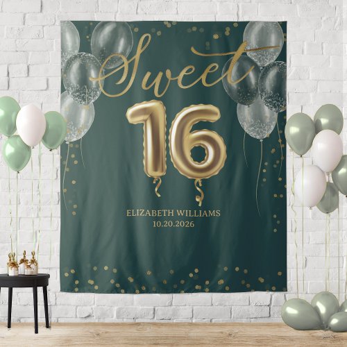 Gold Foil Sweet 16 Bday Balloons Green Backdrops