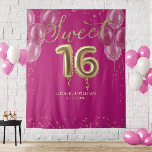 Gold Foil Sweet 16 Bday Balloons Hot Pink Backdrop