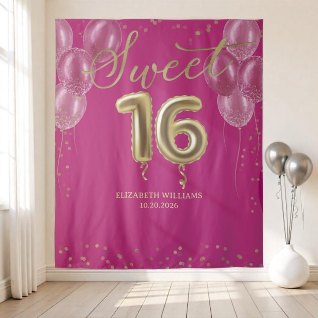 Gold Foil Sweet 16 Bday Balloons Hot Pink Backdrop (Creator Uploaded)