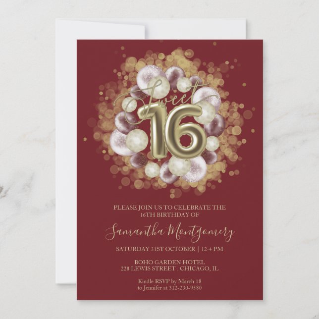 Gold Foil Sweet 16 Bday Balloons Party Burgundy Invitation (Front)