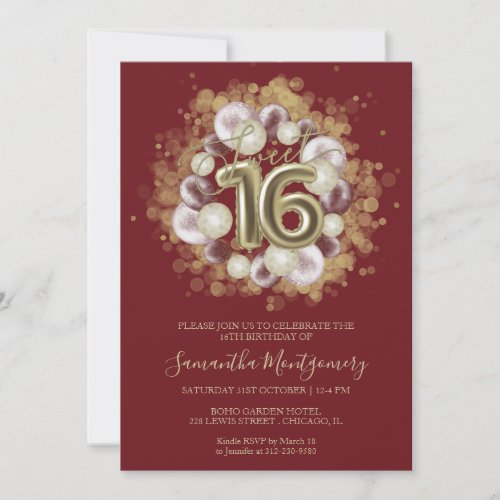 Gold Foil Sweet 16 Bday Balloons Party Burgundy Invitation