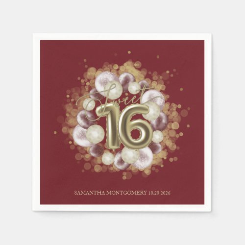 Gold Foil Sweet 16 Bday Balloons Party Burgundy Napkins