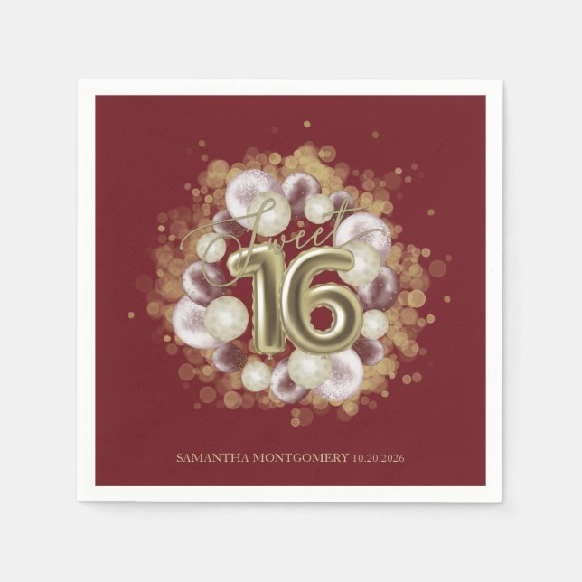 Gold Foil Sweet 16 Bday Balloons Party Burgundy Napkins (Front)