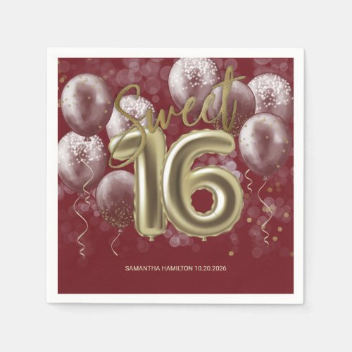 Gold Foil Sweet 16 Bday Balloons Party Burgundy Napkins