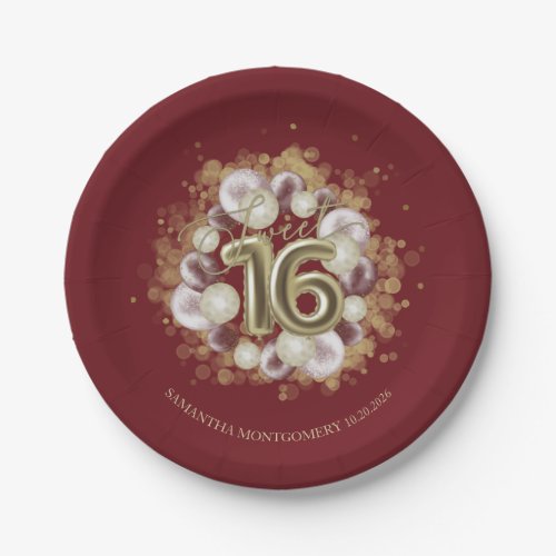 Gold Foil Sweet 16 Bday Balloons Party Burgundy Paper Plates