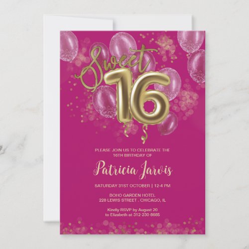 Gold Foil Sweet 16 Bday Balloons Party Hot Pink Invitation