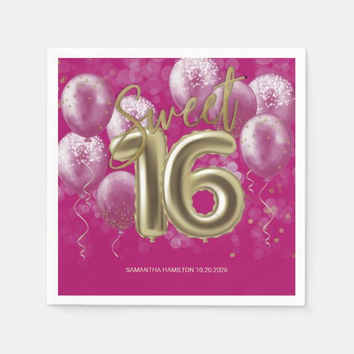 Gold Foil Sweet 16 Bday Balloons Party Hot Pink Napkins