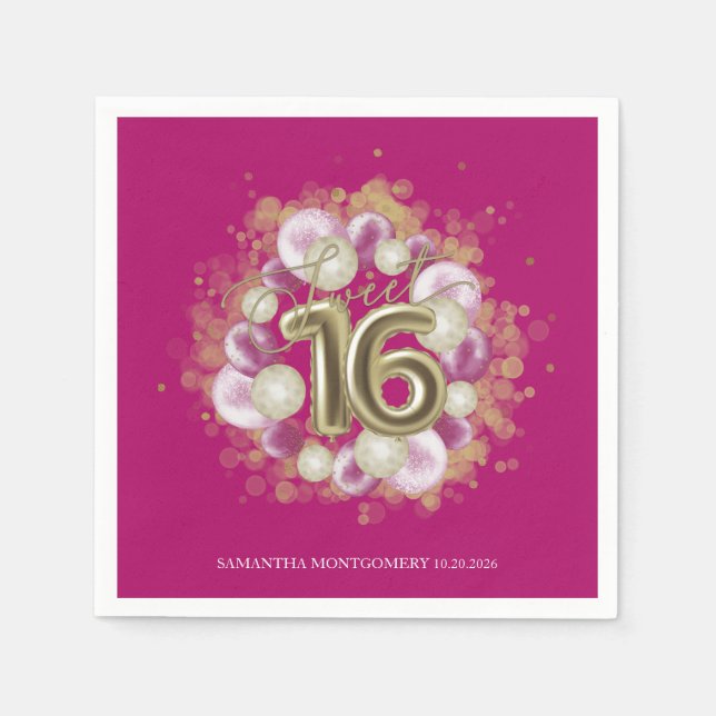 Gold Foil Sweet 16 Bday Balloons Party Hot Pink Napkins (Front)