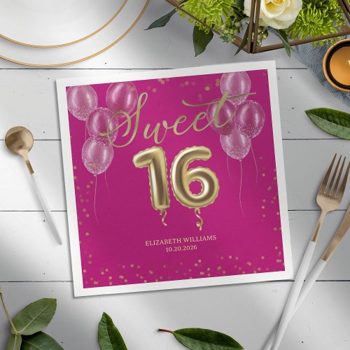 Gold Foil Sweet 16 Bday Balloons Party Hot Pink Napkins