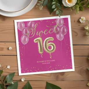 Gold Foil Sweet 16 Bday Balloons Party Hot Pink Napkins